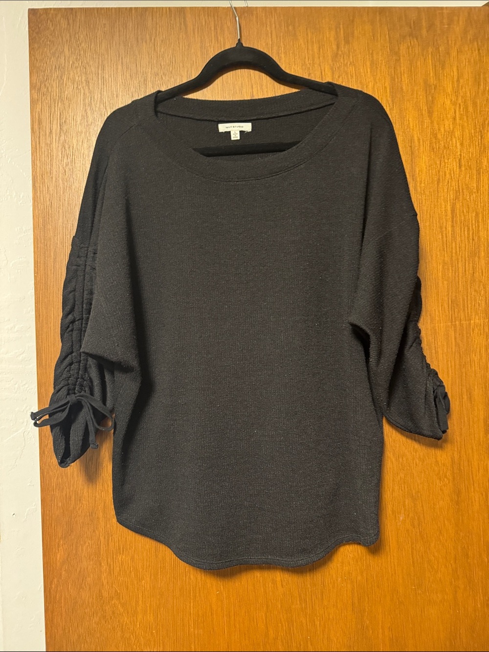Max Studio Black Knit Sweatshirt with Ruched Tie Sleeve Detail
